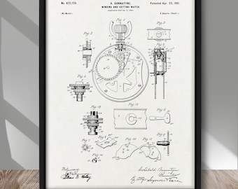 Vintage Pocket Watch patent poster, Winding and Setting Watch patent print, Pocket Watch patent, Stop Watch patent art, Pocket Watch decor