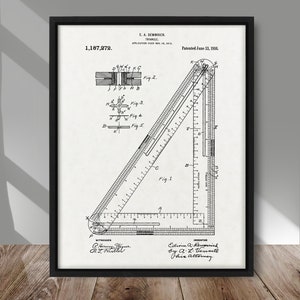 May include: Black and white line drawing of a triangle ruler patent, patent number 1,187,272, titled "Triangle", patented June 13, 1916, by E.A. Demmrich.