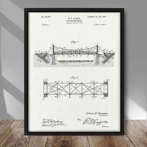 May include: Black and white patent drawing of a suspension bridge design. The drawing shows two views of the bridge, one from the side and one from above. The patent number is 691,982 and the date is January 28, 1902. The inventor is N. H. Sturgis.