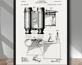 May include: A black and white patent drawing for a photographic camera, titled "C. Whitney Photographic Camera", patented on 10th February 1891. The drawing shows a detailed view of the camera's design, including its lens, bellows, and other components.