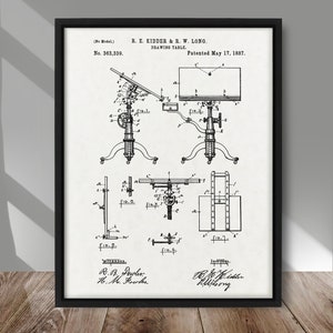 Pode incluir: Desenho de patente em preto e branco para uma mesa de desenho, intitulada "Mesa de desenho" e patenteada em 17 de maio de 1887. O número da patente é 363.339. O desenho mostra uma mesa com altura e ângulo ajustáveis, e inclui diagramas detalhados de seus componentes.