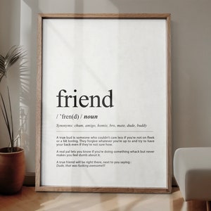 Afdruk vrienddefinitie, definitieaffiche vriend, eigenzinnige definitieafdruk, typografiedefinitieposter, woordenboektrenddefinitieposter