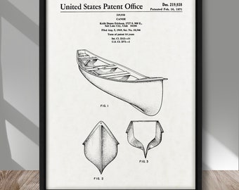 Canoe patent poster, Canoe camping patent print, Vintage canoe patent, Canoe Camping Rustic wall decor, Summer sport wall decor, Cabin decor