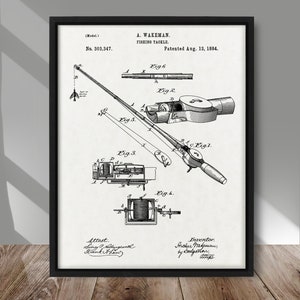 Fishing Rod patent print, Fishing tackle patent poster, Fishing Reel patent, Rustic wall decor, Fisherman wall decor, Fishing Lodge decor