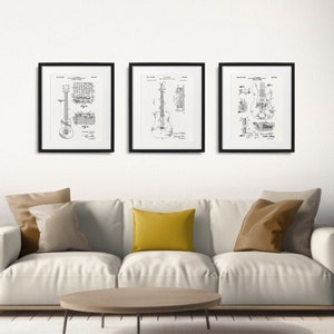 Guitar patents 3 poster set, Vintage Guitar patent print, String Musical instrument patent poster, Guitar art print, Music studio wall decor