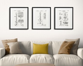 Ensemble de 3 affiches de brevets de guitare, impression de brevet de guitare vintage, affiche de brevet d'instrument de musique à cordes, impression d'art de guitare, décoration murale de studio de musique