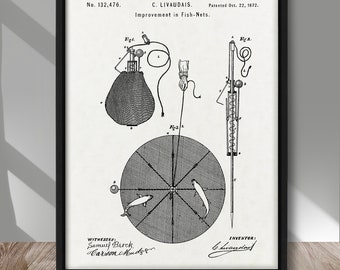 May include: Black and white patent drawing for a fish net design. The drawing shows a round net with a pointed object in the center. The text on the drawing reads "No. 132,476. C. LIVAUDAIS. Improvement in Fish-Nets. Patented Oct. 22, 1872."