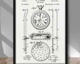 Pocket Watch patent poster, Stop Watch 1889 patent print, Vintage Pocket Watch patent, Stop Watch patent art print, Pocket Watch wall decor