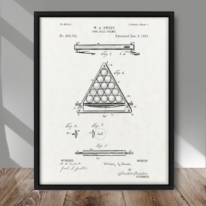 Pool Ball Frame patent poster, Billiard ball rack patent print, Vintage Billiard ball tray Poster, Pool patent poster, Billiard pool decor