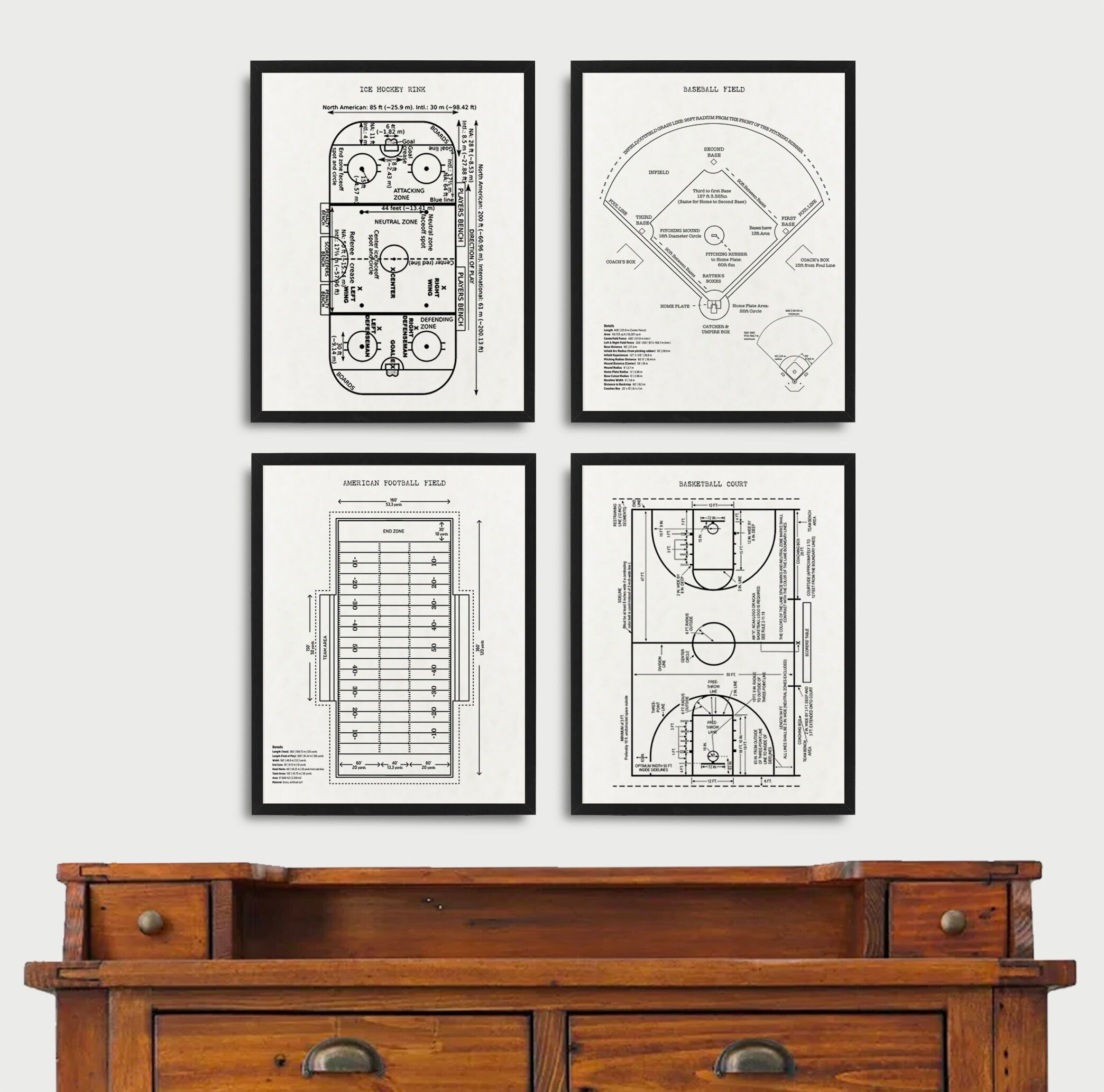 Sport Fields 4 print set, Ice Hockey Rink poster, Baseball Field print, Football Field poster,  Basketball Court print, Sports Fields decor