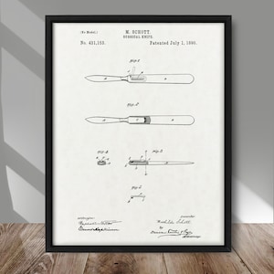 Vintage Surgical Knife patent poster, Scalpel patent print, Surgical Instrument wall print, Medicine wall decor, Medical office wall decor