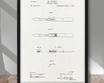 Vintage chirurgisch mes patent poster, scalpel patent print, chirurgisch instrument muur print, geneeskunde wand decor, medisch kantoor wand decor