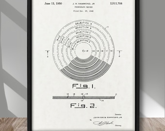 Vinyl Record patent poster, Phonograph patent print, Vintage Audio Music patent poster, Audio Music wall decor, Retro Music patent print