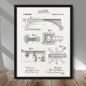 May include: Black and white patent drawing for a concrete arch bridge design. The drawing shows multiple views of the bridge, including a side view, a top view, and a cross-section. The patent number 1,002,944 and the date September 12, 1911 are visible. The inventor is listed as Claude A. P. Turner.