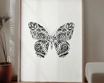 Butterfly art poster, Butterfly drawing print, Entomology wall poster, Abstract Zen texture Mandalas Art print, Minimalist Butterfly decor