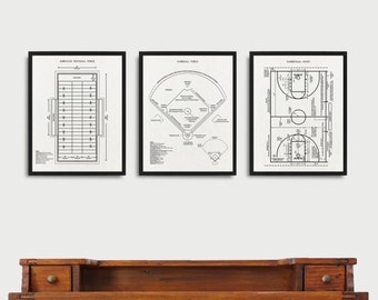 Sport Fields 3 poster set, American Football field print, Baseball Field poster, Basketball Court print, Team Sport Fields wall decor