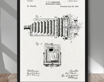 May include: Framed print of a vintage photographic camera patent illustration. The diagram shows the camera's design with detailed technical drawings, including the bellows and lens. The patent number is 564,838, and the patent date is July 28, 1896.