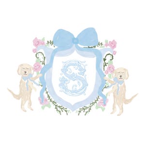 Escudo de bodas con monograma de una sola letra con diseño floral de perro azul bebé personalizado / Boda en la playa / Fiesta en el jardín / Personalizado / Golden Retriever