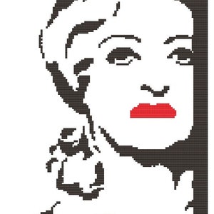 May include: Black and white pixel art portrait of a woman with red lips. The woman's hair is styled in a bouffant and she is looking to the right.