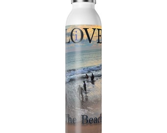 Water Bottle 20oz Double-walled stainless steel frame  "I LOVE the beach"  Design w Hot & cold drinks easy for beach trips
