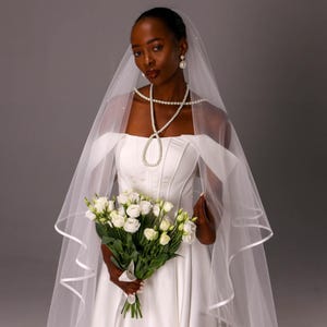 Two-tier veil with satin edge, bridal veil with satin trim, satin ribbon edge veil