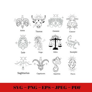 Pakiet SVG Znaki Zodiaku, Pakiet SVG Horoskopu, Niebiański Znak Gwiazd SVG, Konstelacja Zodiaku Svg, Clipart Png Znaki Zodiaku, Prezent Horoskopu
