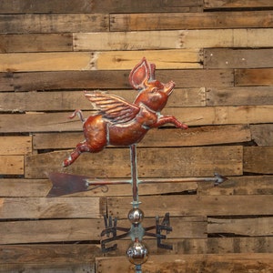 2D Flying Pig Weathervane, Antique Weathervane, Vintage Style With Copper Patina Finish. Weather Vane, Wind Vane Directional With Roof Mount