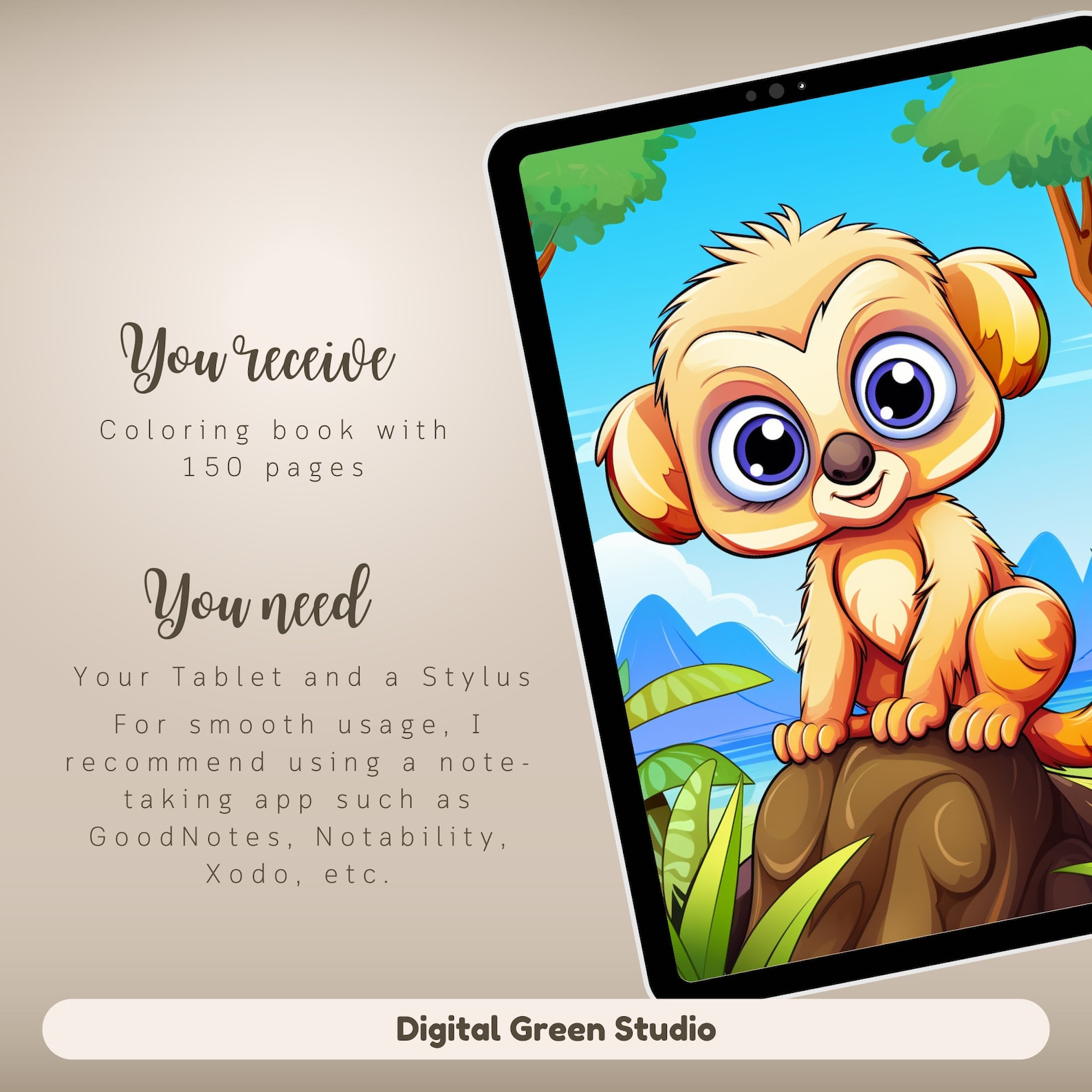 150 Cute Animals Coloring Pages, Adult & Kids Coloring Book, Big Eyes