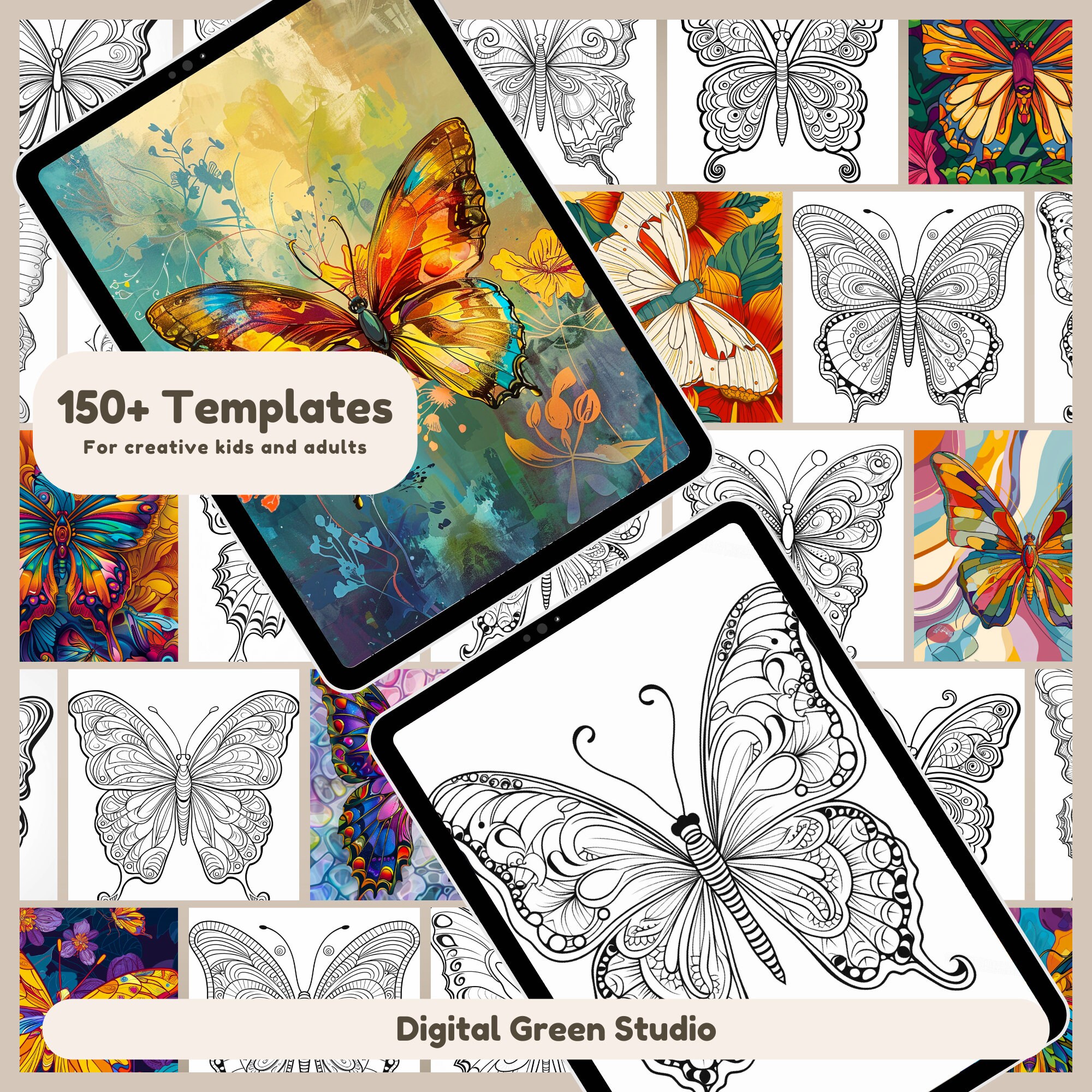 150 Butterfly Coloring Pages, Coloring Book for Adult & Kids, Nature