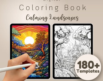 May include: Digital coloring book with over 180 templates featuring calming landscapes. The image shows a tablet with a colorful landscape scene and a black and white version of the same scene. A hand is using a stylus to color the landscape.