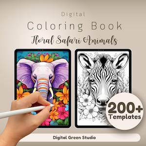 Könnte beinhalten: Digitales Malbuch mit floralen Safari-Tieren. Das Cover zeigt einen bunten Elefanten und ein Zebra mit Blumen. Der Text "200+ Vorlagen" ist auf dem Cover sichtbar.