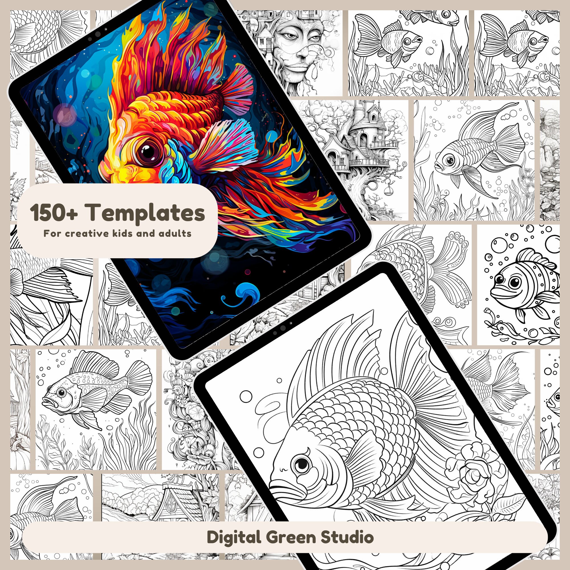150+ Fishes Coloring Pages, Adult & Kids Coloring Book, Sea Fishes