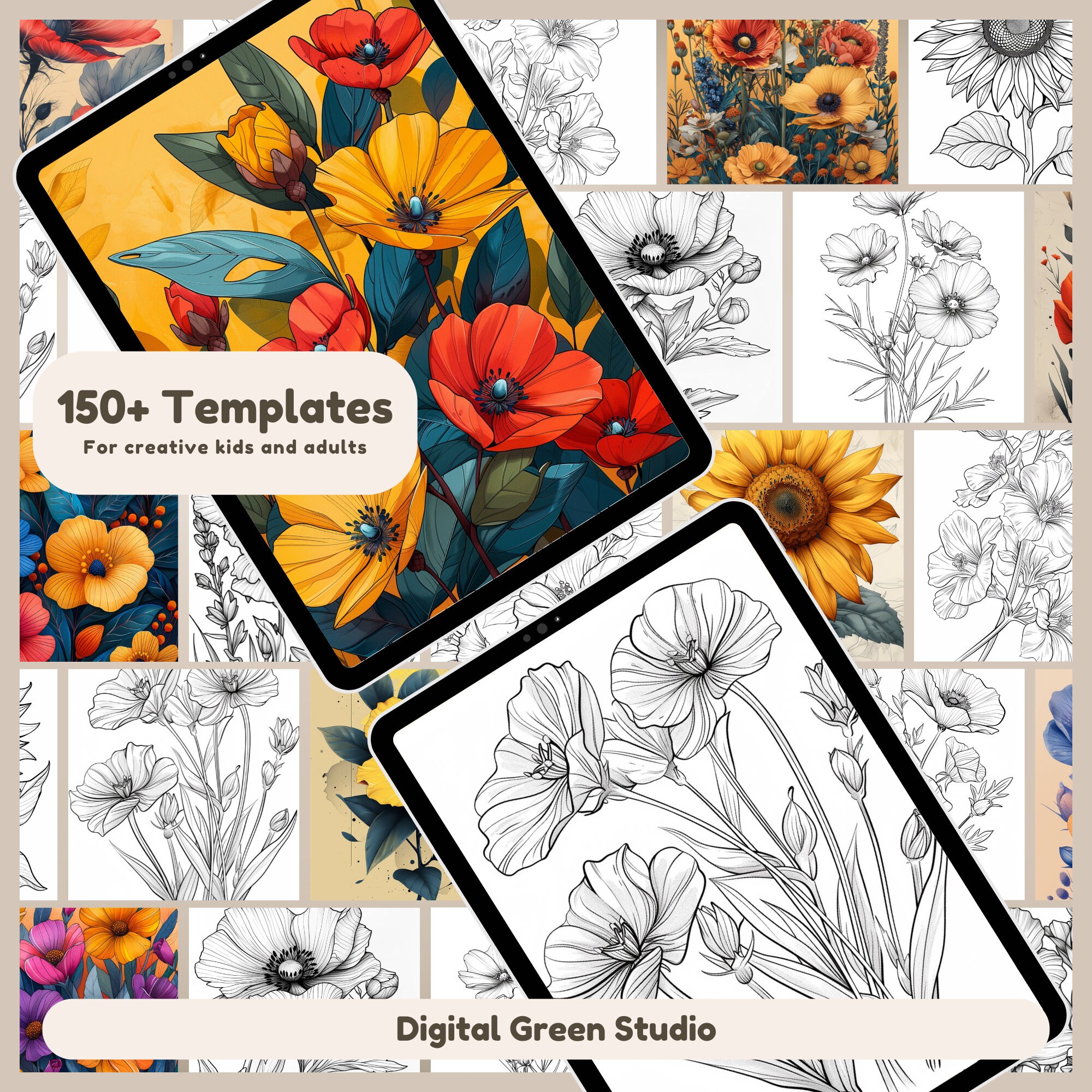 150 Flower Coloring Pages, Nature Coloring Book for Adult & Kids