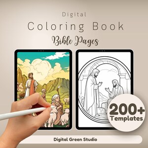Könnte beinhalten: Digitales Malbuch mit über 200 Vorlagen für biblische Geschichten. Das Bild zeigt eine farbige Illustration eines Hirten mit Schafen und eine schwarz-weiße Umrisszeichnung von Jesus und einem Jünger.