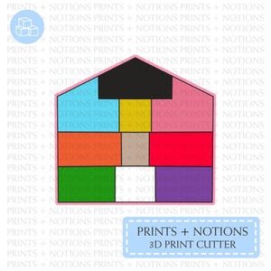 May include: A pink house-shaped template with a black roof and a colorful grid of squares inside. The squares are in the colors red, orange, yellow, green, blue, purple, white, and brown. The text "PRINTS + NOTIONS 3D PRINT CUTTER" is at the bottom of the image.