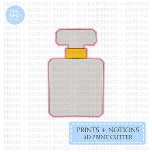 May include: A gray perfume bottle with a pink lid and a gold cap. The bottle is designed for use with a 3D printer.