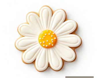 May include: A white daisy-shaped cookie with a yellow center decorated with white dots. The cookie is on a white background.