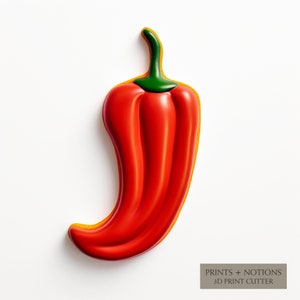 May include: A vibrant red chili pepper-shaped 3D print cutter with a green stem and a yellow outline. The text "PRINTS + NOTIONS 3D PRINT CUTTER" is in a rectangular box in the lower right corner. The cutter is on a white background.