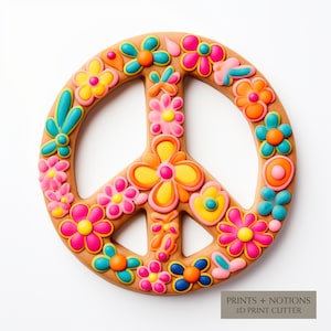 May include: A brown peace sign cookie decorated with colorful flowers. The cookie is a 3D print cutter.