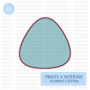 May include: A light blue 3D print cutter in the shape of a teardrop with a pink outline and a black border. The text "PRINTS + NOTIONS 3D PRINT CUTTER" is in a blue box with a white border.