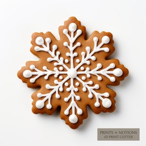 May include: A gingerbread cookie shaped like a snowflake with white icing. The cookie is decorated with a snowflake design and has a brown background.