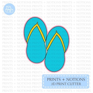 May include: A digital design file for a pair of blue flip-flops with yellow straps. The design is outlined in pink and is ready to be cut with a 3D printer. The text "PRINTS + NOTIONS 3D PRINT CUTTER" is included in the design.