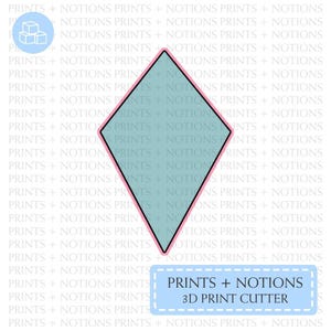 May include: A 3D print cutter in the shape of a diamond, with a light blue interior and a pink outline. The text "PRINTS + NOTIONS" and "3D PRINT CUTTER" is displayed in a light blue rectangle.