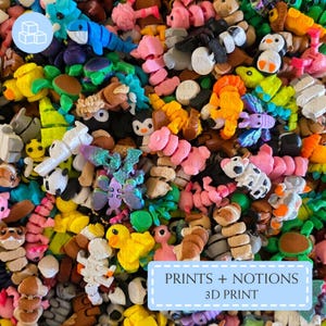 May include: A vibrant assortment of colorful 3D-printed animal figurines, including penguins, ducks, and butterflies. The image features a variety of colors and textures, with the text "PRINTS + NOTIONS 3D PRINT" in a light blue box.