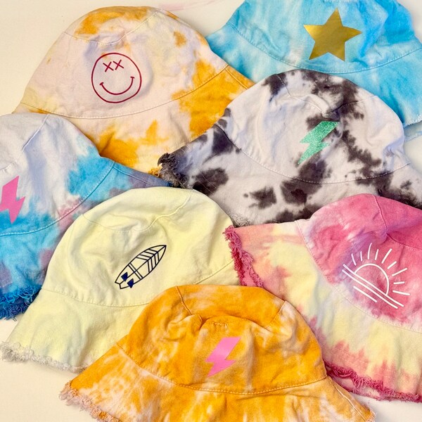 100% Cotton Hand-Dyed & Customized Summer Vacation Beach Everyday Bucket Hat triple washed with Fraying Sun Tie Dyed decals