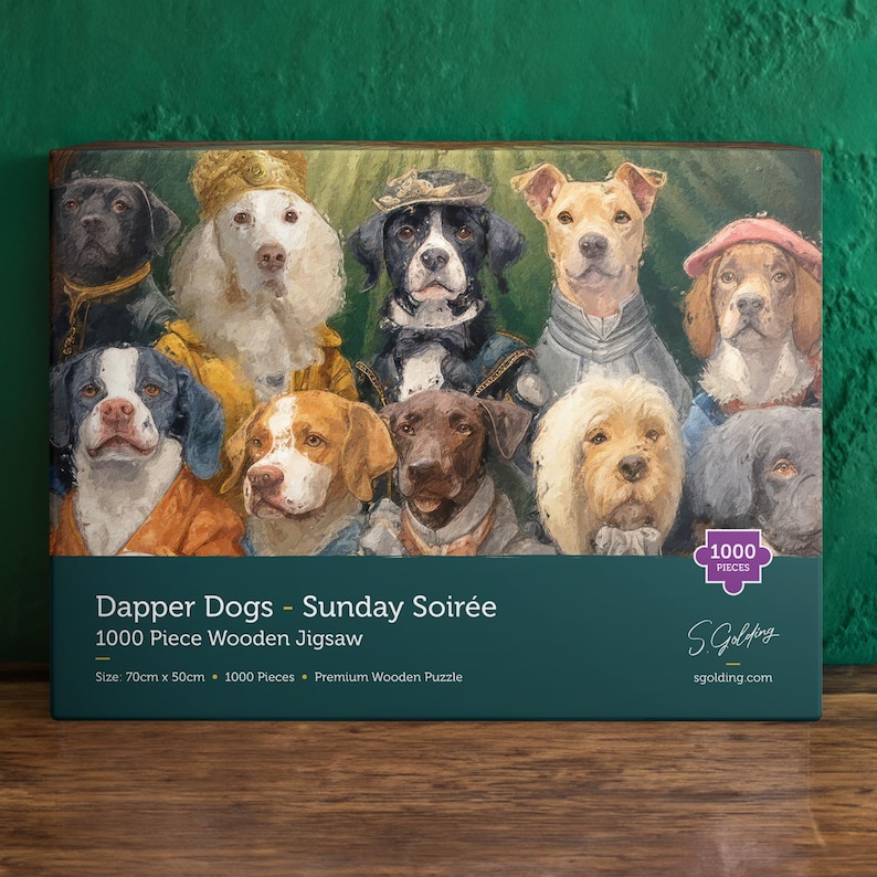 Gift-ready 1000-piece wooden dog jigsaw puzzle with vintage dogs and premium packaging created by S.Golding