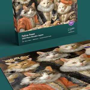 1000-piece wooden jigsaw puzzle featuring cats dressed as Renaissance nobles at a feast in a gift ready box. Jigsaw Puzzle By S.Golding