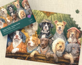 May include: A 1000-piece wooden jigsaw puzzle featuring a painting of dogs dressed in formal attire. The puzzle box, with the text "Dapper Dogs - Sunday Soirée", is partially visible. The completed puzzle shows a variety of dog breeds.