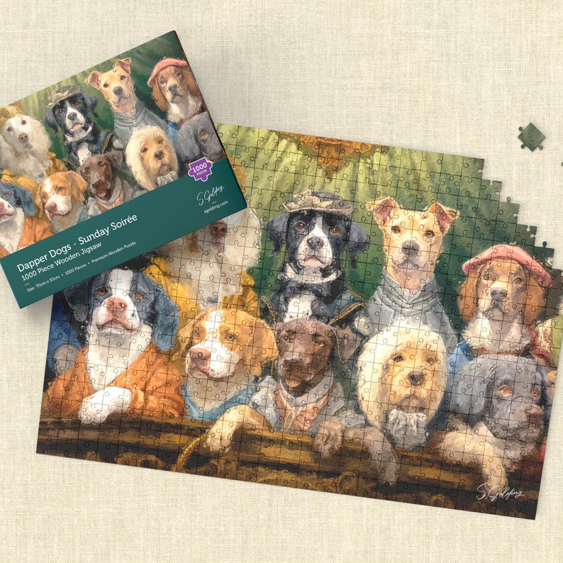 1000-piece wooden jigsaw puzzle featuring dogs dressed in vintage aristocratic clothing at a social gathering, with puzzle and box shown. Jigsaw puzzle by S.Golding