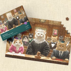 May include: A 1000-piece wooden jigsaw puzzle titled "Cat Court" featuring a courtroom scene with cats dressed in judge and lawyer attire. The puzzle box is visible, along with the partially assembled puzzle.